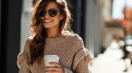 Fashionable woman with coffee in city, ideal for lifestyle blog or coffee promotion