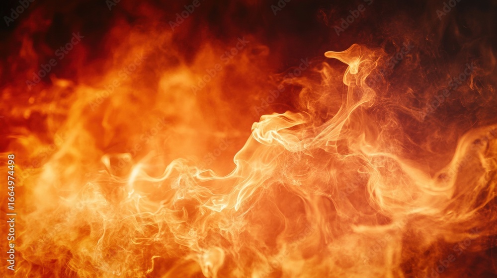 Poster a dynamic display of vibrant orange and red flames, swirling and dancing against a dark background, 