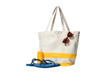 Beach essentials: tote bag with sunglasses, sunscreen, and flip-flops on transparent background, PNG