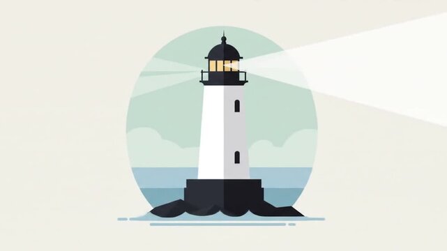 Modern lighthouse animation guiding ships through coastal waters with bright light beam