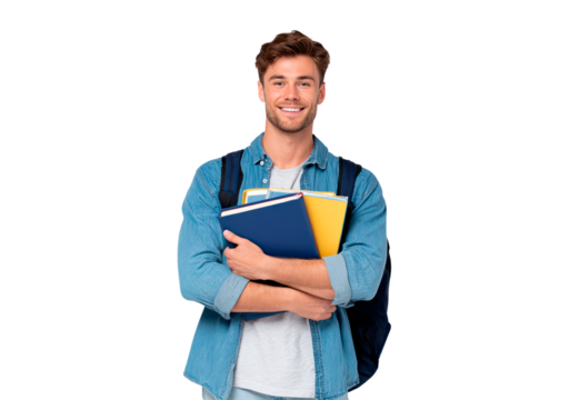 Young man student holding notebooks on transparent background, PNG