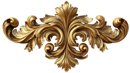 Ornate gold decorative crest.  Detailed symmetrical design of stylized leaves and scrolls