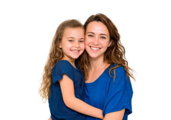 Smiling mother and daughter embracing on transparent background, PNG