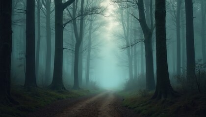 Serene forest scene with dirt road winding through trees. Green leaves on either side, light blue sky with fluffy white clouds, forest floor covered in fallen leaves.