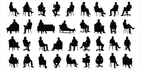 Large collection of black silhouettes of people sitting in chairs and on sofas group