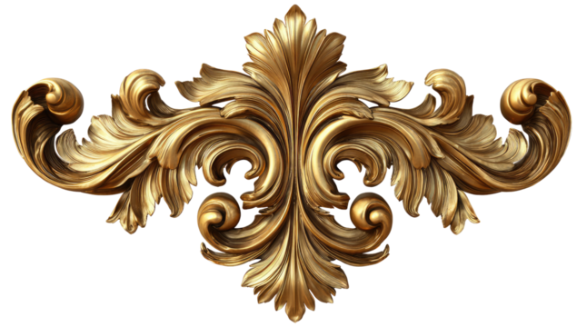 Ornate gold decorative crest. Detailed symmetrical design of stylized leaves and scrolls