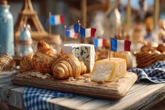 close-up of traditional French pastries and cheese platter arranged on a picnic table with mini French flags, Bastille Day food celebration, soft daylight, rustic wooden texture, no text, no hands.