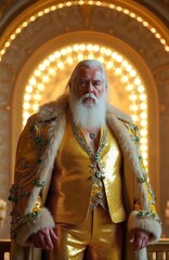 Man stands in front of grand ornate archway. Dressed in vibrant yellow coat with green and gold pattern. Green and gold hat and white beard add to distinguished appearance.