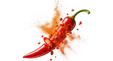 Red chili pepper exploding with powder and pieces on background spice