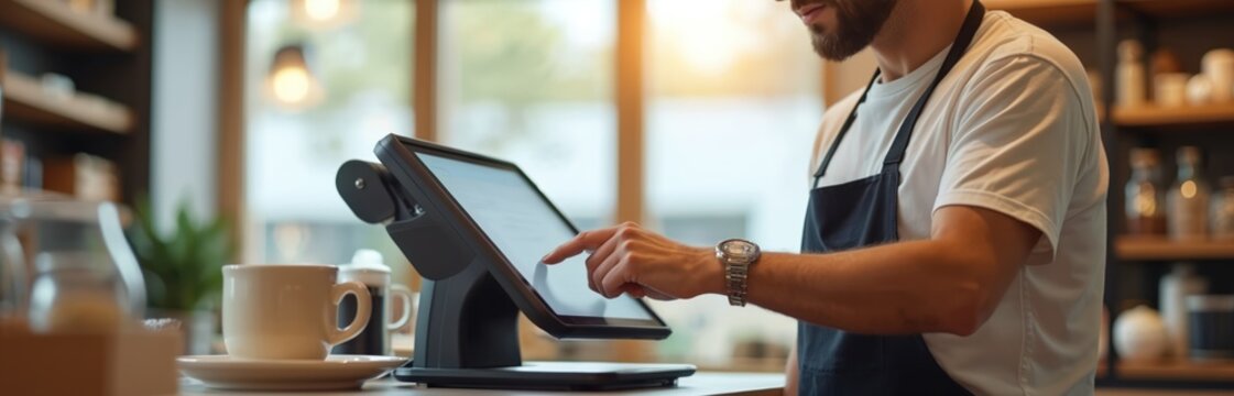 Male cashier with beard, apron uses tablet POS system at store counter. Finger touches screen for transaction. Coffee cup nearby. Focus on retail technology, customer service, efficient payment - Powered by Adobe