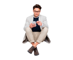 Man using smartphone in stylish outfit on transparent background, PNG