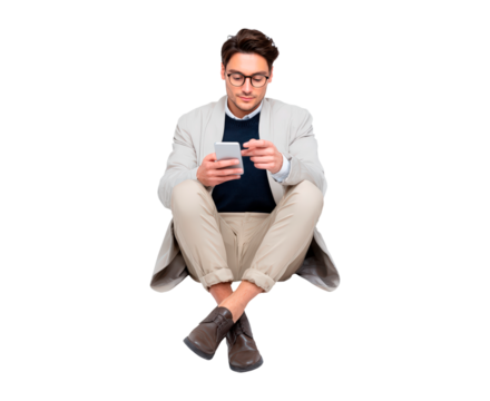 Man using smartphone in stylish outfit on transparent background, PNG