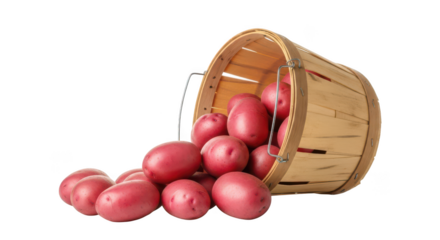 Red potatoes spilling from a wooden bushel basket on a background image