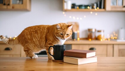 A ginger cat investigates a dark mug and books on a light wooden table in a cozy kitchen setting.