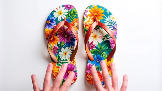 Colorful floral flip-flops on white background
