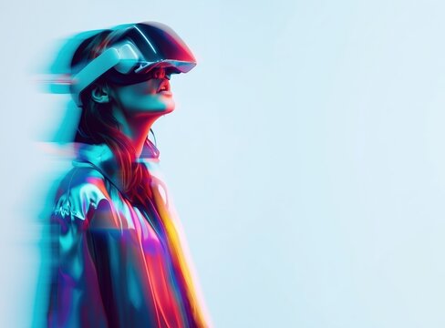 Woman in a futuristic outfit wearing a VR headset, with amazed facial expression, neon lighting and white background. Immersion, virtual exploration copy space.