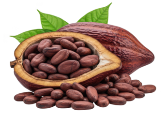 Ripe Cocoa Pod Halved Filled With Beans And Scattered Beans cacao fruit