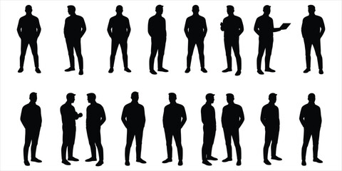 Silhouette collection of men with and without laptops on white background male person