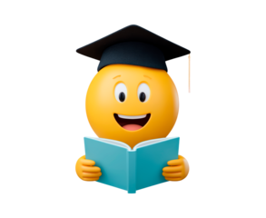 Graduation emoji reading book with cap celebrating achievement on transparent background, PNG