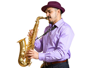 Fototapeta premium Close-Up of Saxophone Player in Purple Shirt and Hat PNG