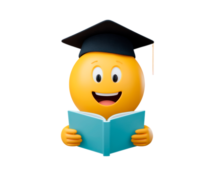 Graduation emoji reading book with cap celebrating achievement on transparent background, PNG