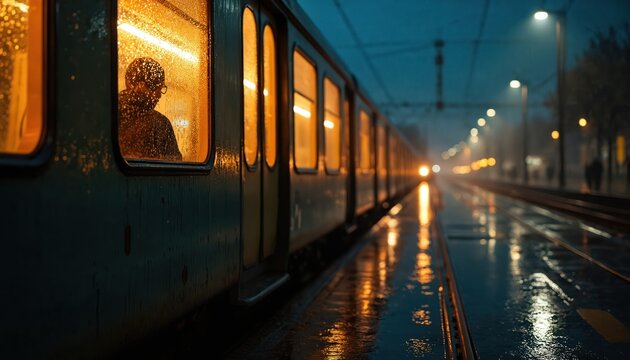 Train station scene at night with a train and platform. Wet pavement, glowing lights, and shadows create a rainy atmosphere. Train lights illuminate dark sky and surrounding buildings.