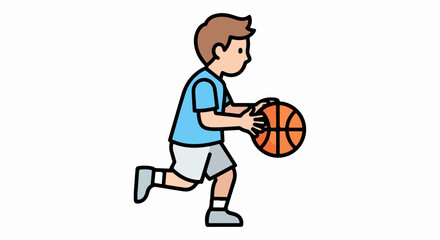 Young boy dribbles basketball while running on the court.
