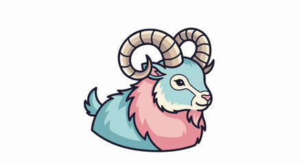 Cartoon goat with big horns and colorful fur.