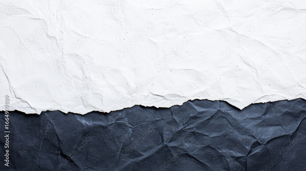 Poster a textured split of crumpled white and dark paper, creating a contrast between light and dark elemen