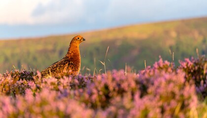 A reddish-brown grouse stands amidst a field of vibrant pink heather flowers on a sunlit hillside.