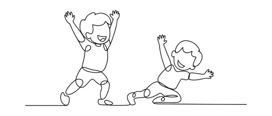 Single one line drawing happy kids doing exercise. Fitness activity concept. Continuous line draw design. Vector black silhouette. with white background