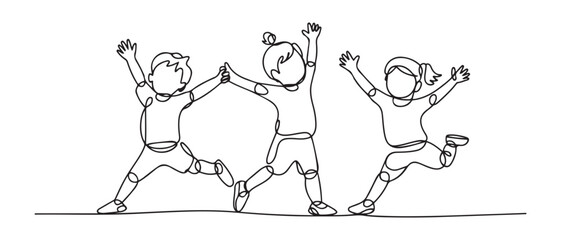 Single one line drawing happy kids doing exercise. Fitness activity concept. Continuous line draw design. Vector black silhouette. with white background