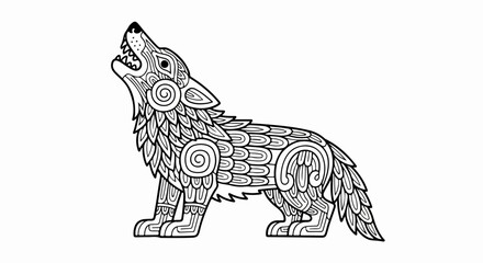 Detailed line art wolf howling with intricate patterns.
