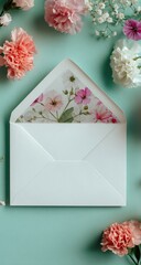 A white envelope with a floral liner sits atop a mint background, surrounded by pink, white, and purple carnations and baby's breath