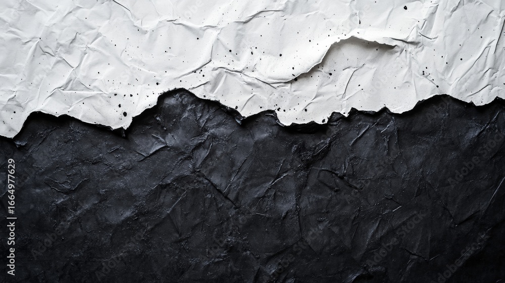 Poster a textured, abstract composition of crumpled black and white paper creating a striking contrast and 