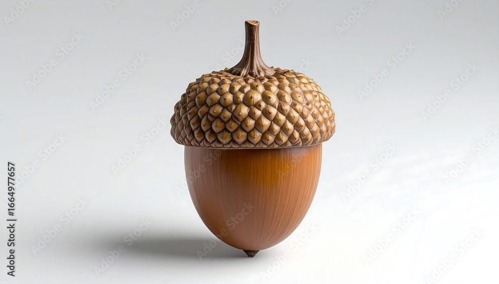Poster a detailed close-up of a single, realistic-looking acorn, showcasing its intricate textured shell an