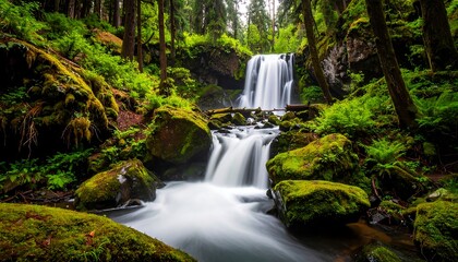 Lush waterfall cascading through mossy forest (2)
