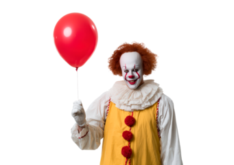 Red-haired clown holding balloon with white makeup and yellow costume on transparent background, PNG