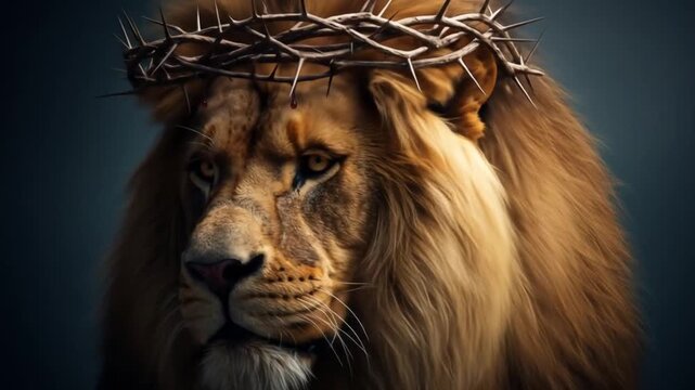 Majestic lion with crown of thorns embodies strength, sacrifice, and divine power.