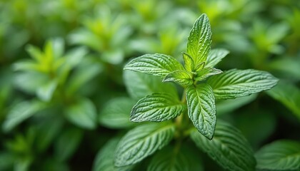 Close-up of single green mint plant with leaves, stem. Leaves vibrant green, stem darker green. Blurred background of garden field with similar plants. Mint plant centrally positioned, drawing