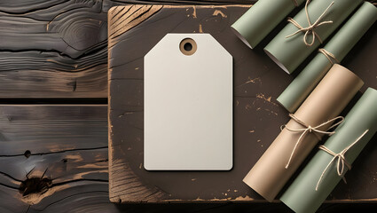 Mockup scene with blank label tag and rolled stationery on rustic wooden board