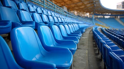 Fototapeta premium Awesome photo of rows of empty blue stadium seats in VIP area. Arena seating for football match or soccer game.