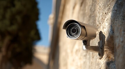 Awesome photo of security camera mounted on textured wall, capturing daytime exterior.