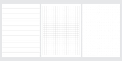 Set of blank sheets of lined, square grid and dotted paper in a5 format. Paper templates for notes, writing, sketching, and journaling. Ideal for school, office and work. Vector illustration