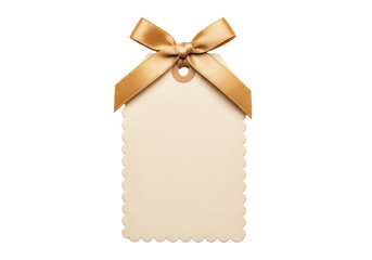 Elegant blank gift tag with gold ribbon bow isolated PNG with Transparent Background