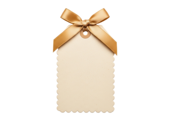 Elegant blank gift tag with gold ribbon bow isolated PNG with Transparent Background