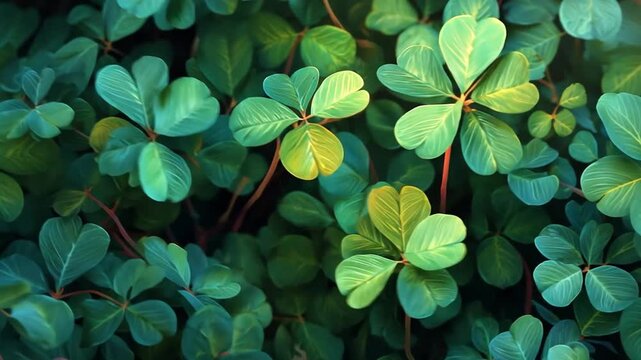 Animation of many green clover leaves growing lush