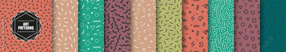 Wall mural collection of vector colorful geometric seamless patterns with shapes and symbols. repeatable unusua