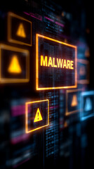 Obraz premium A glowing malware warning on a digital interface, highlighting cybersecurity threats, data breach risk, and the urgency of protective measures for organizations. 