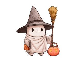 Cute ghost in witch hat holding broom and pumpkin lantern for halloween on transparent background, PNG